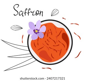 Saffron spice. Bowl with saffron and flower isolated on white background. Vector illustration for menu, cooking, label, advertising, scrapbooking.