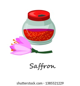 Saffron spice from flower. Aromatic spice in small jar. Can be used for topics like flavor, kitchen, ingredient