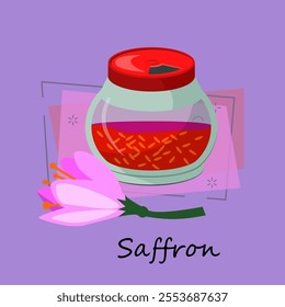 Saffron spice from flower. Aromatic spice in small jar. Can be used for topics like flavor, kitchen, ingredient