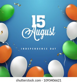 Saffron, white and green balloons on blue background. 15th August, Indian Independence Day celebration concept.