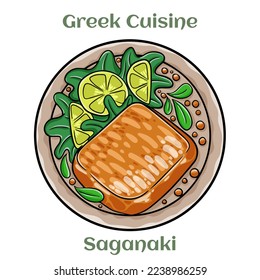 Saganaki is a Greek delicacy of fried cheese. Traditional Greek Cuisine. Isolated vector illustration. 