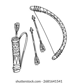 Sagaydak, arrows and bow, Native American weapons in the style of doodle. Wooden bow, arrows with a metal tip in a leather case decorated with feathers. Engraving, graphics, shading. American Indians