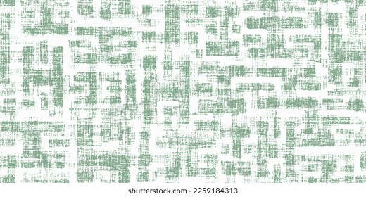 Sage green abstract maze distressed geometric background. Hand drawn seamless pattern with bold square lines intricate vector background with brush strokes. Irregular maze and labyrinth