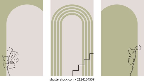 Sage green Background vector design element Stories template Minimalist style Arch element Modern trendy poster Line art plant Organic shape Nature Earth colors wallpaper Retro banner aestetic decor