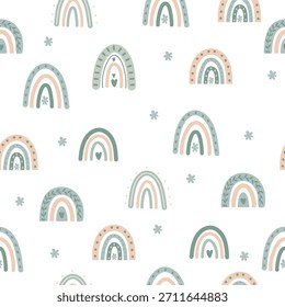 Sage green boho rainbow seamless pattern with soft airy aesthetic