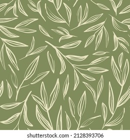 Sage green botanical leaves seamless repeat pattern. Random placed, vector hand drawn olive branches all over surface print.