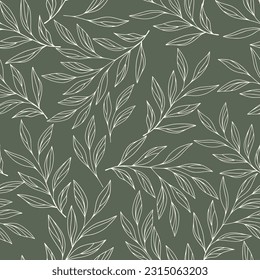 Sage green botanical leaves seamless repeat pattern. Random placed, vector hand drawn olive branches all over surface print.