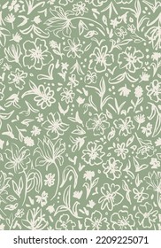 Sage green botanical mix seamless repeat pattern. Hand drawn, random placed, vector flowers, herbs, branches, leaves and more all over surface print.