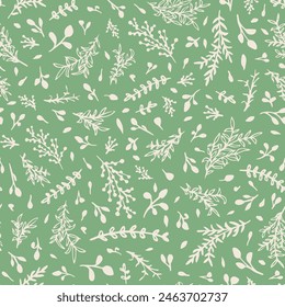 Sage green botanical seamless repeat pattern. Random placed, hand drawn vector herbs, weeds, leaves aop all over surface print.