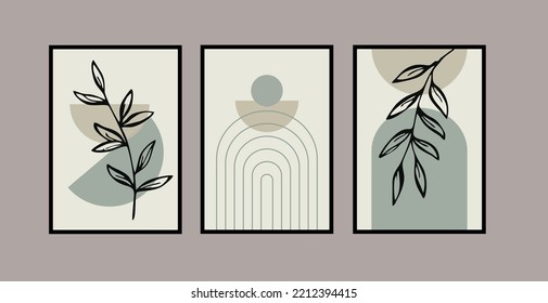 Sage Green Botanical wall art vector set. Dibujo de líneas de Boho Foliage con forma abstracta. Resumen Diseño de arte vegetal para impresión, cubierta, papel tapiz, arte de pared mínimo y natural. Ilustración vectorial