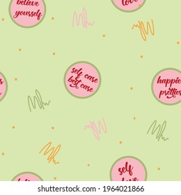 Sage green conversational seamless pattern print positive quotes, pen scibble, polka dots, self care, happy slogans for fabric, thanksgiving, christmas, textile, tshirt, packaging and wrapping