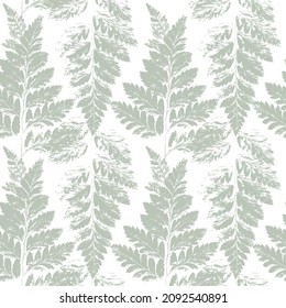 Sage green fern leaves, pale botanical seamless pattern Floral Natural background for packaging, textile print, scrapbooking paper. Vector illustration