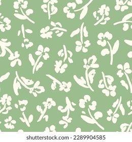 Sage green floral seamless repeat pattern. Random placed, vector botany all over surface print.