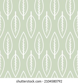 Sage green geometric leaf seamless vector pattern. Light earthy green color background with white outlined leaves. Simple, modern, linear, organic, scandi style print. Abstract stylized nature texture