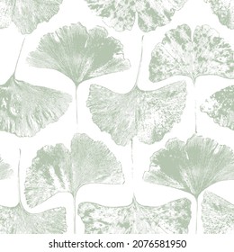 Sage green ginkgo biloba leaves, pale botanical seamless pattern Floral Natural background for packaging, textile print, scrapbooking paper. Vector illustration