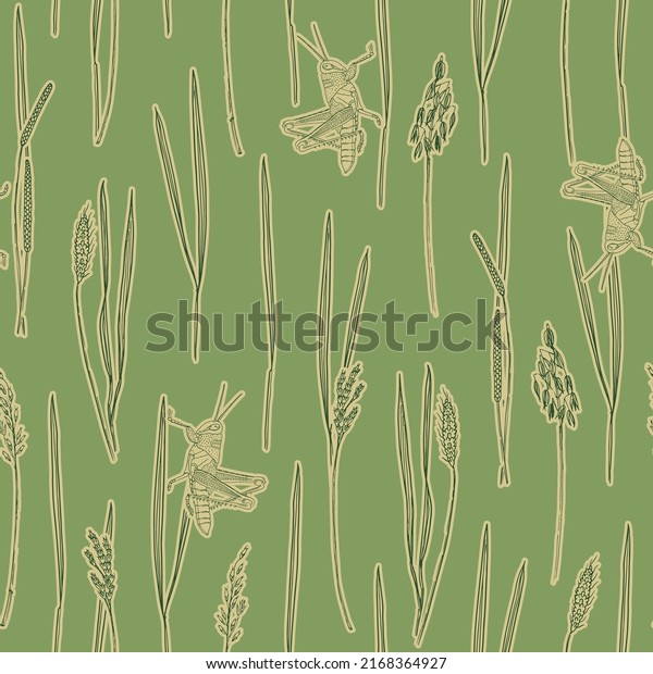 Sage green grass and grasshopper seamless background print. Vector illustration. Surface pattern design, perfect for textiles, wallpaper, stationery, packaging, home and garden decoration