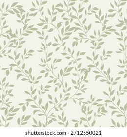 Sage verde folhas e ramos padrão no fundo branco Folha Papel de Parede