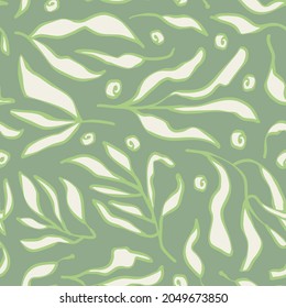 Sage green leaves seamless repeat pattern. Random placed, vector botany plant herbs all over surface print.