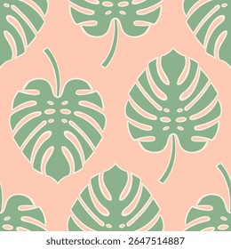 Sage green monstera leaf vintage with beige outlines on kitschy pastel 1950s peach pink