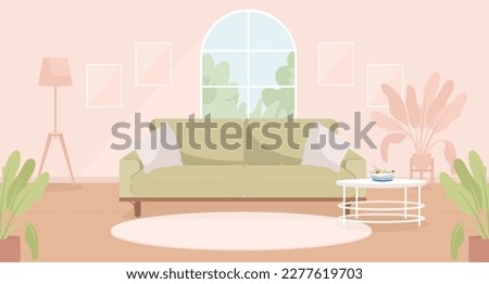 Sage green and pink contemporary living room flat color vector illustration. Spacious modern house. Fully editable 2D simple cartoon interior with apartment furniture and accessories on background