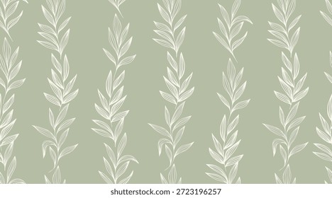 Sage verde padrão sem emenda com branco mão desenhada folhas, papel de parede botânico vertical, fundo vetor floral