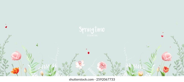 Sage green spring vector flower design banner card. Pastel colored wedding frame with bright flowers and greenery. Tulips, roses, orchid, carnation, flying petals and leaves. Isolated and editable