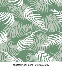 Sage Green with Tropical Palm Leaves Seamless Pattern Background