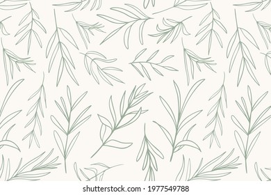 Sage Green Vector Leaves, Botanical Seamless Repeat Pattern. Random Placed Herb Plants All Over Print on ecru white Background.