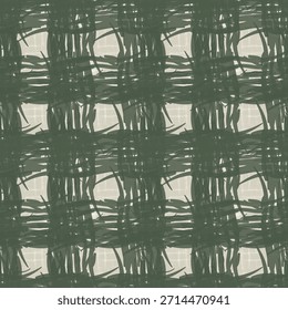 Patrón de fondo a cuadros sin costura de Vector verde sabio. Impresión geométrica de cuadros en colores cálidos y acogedores. Moderna mezcla de pinceladas a prueba de pinceladas. Fondo a cuadros con estampado tejido para textil, Web.