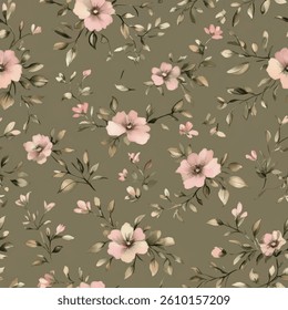 Sage green vintage floral pattern, small pink flowers on an olive background. tiny flower seamless pattern vector illustration, doodle summer, kids and baby designs for print fabric.