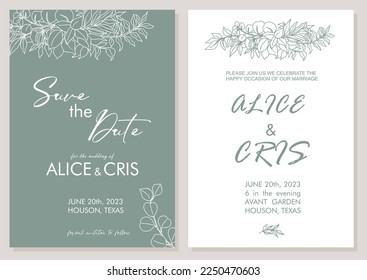 Sage green Wedding Invitation, Save the Date template. Minimalist botanical elegant Wedding invitation card with trendy eucalyptus greenery line art Vector sketch style illustration.