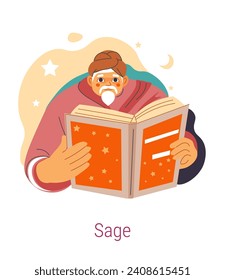 Sage Jungian archetype of wisdom, knowledge and power. Isolated old man personage reading book, scientist, getting to know oneself. Psychology and personal development. Vector in flat styles