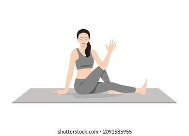 Sage Marichi Pose C Variation, Beautiful girl practice Marichyasana C Variation. Young attractive woman practicing yoga exercise. working out, black wearing sportswear, grey pants and top, indoor