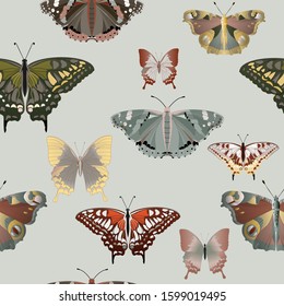 Sage, ochre, plum colors big and small butterflies on a gray background seamless pattern. Vector illustration with insects. EPS10