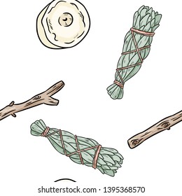 Sage smudge sticks and candles hand-drawn boho seamless pattern. Rustic background