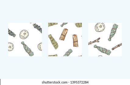 Sage smudge sticks and candles hand-drawn boho seamless patterns set. Lavender, sage, palo santo bundle background