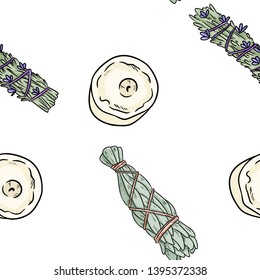 Sage smudge sticks and candles hand-drawn boho seamless pattern. Lavender, sage herb bundle background