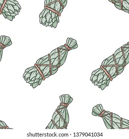 Sage smudge sticks hand-drawn boho seamless pattern. Sage herb bundle texture background