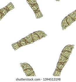 Sage smudge sticks hand-drawn boho seamless pattern. Mugwort herb bundle background