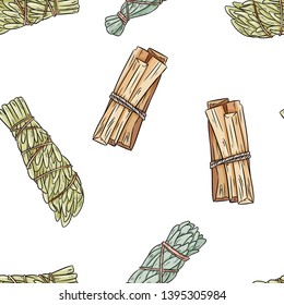 Sage smudge sticks hand-drawn boho seamless pattern. Sage, mugwort and palo santo bundle texture background