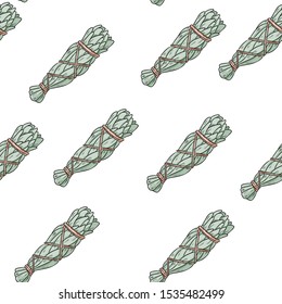 Sage smudge sticks hand-drawn boho seamless pattern. Sage herb bundle background