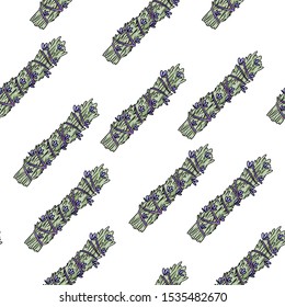 Sage smudge sticks hand-drawn boho seamless pattern. Lavender herb bundle background