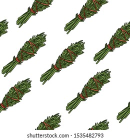 Sage smudge sticks hand-drawn boho seamless pattern. Rosemary herb bundle background