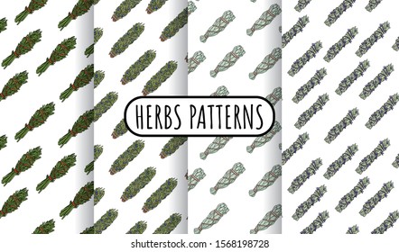 Sage smudge sticks hand-drawn boho seamless patterns set. Herbs bundle background tiles