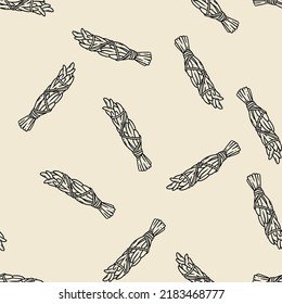 Sage smudge sticks hand-drawn boho seamless pattern. Sage herb bundle texture background