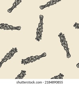 Sage smudge sticks hand-drawn boho seamless pattern. Lavender herbs bundle background