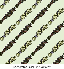 Sage smudge sticks hand-drawn boho seamless pattern. Sage herb bundle texture background