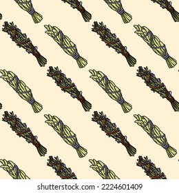 Sage smudge sticks hand-drawn boho seamless pattern. Sage herb bundle texture background