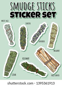 Sage smudge sticks hand-drawn sticker set. Herb bundles collection