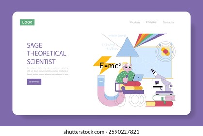 Sage Theoretical Scientist concept. An illustration representing a wise scientist engaged in theoretical research, blending creativity with scientific principles, and surrounded by various symbols of